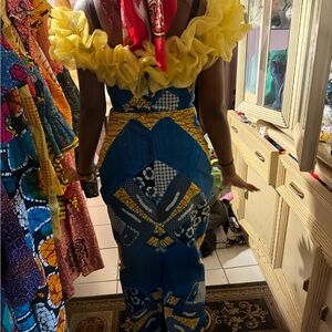 & Other Stories Blue and Yellow Strapless Dress